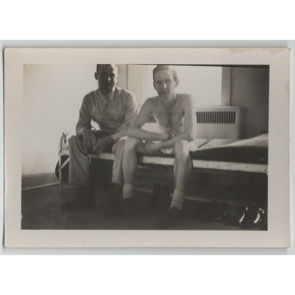 Vtg 1940s Snapshot Two Men Cot Barracks Shirtless Gay Interest Photo